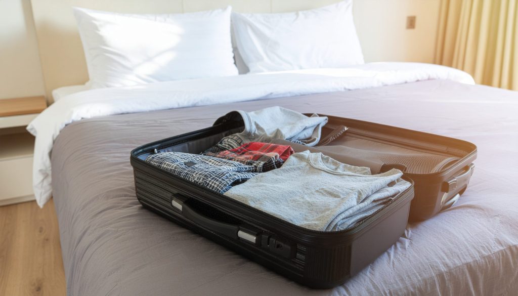 suitcase open on a bed with golf shorts, t shirts, and polos packed neatly in 366176