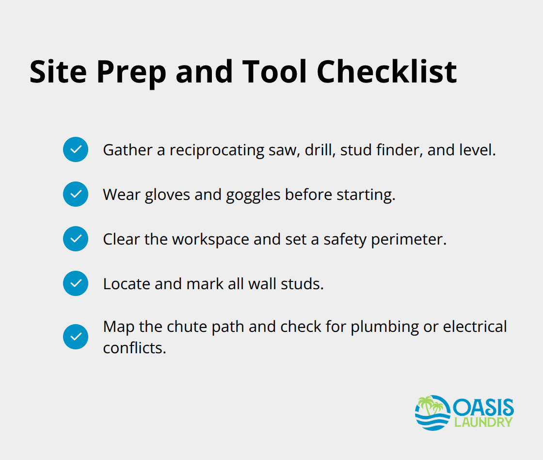 Checklist of tools and site preparation steps for installing a commercial laundry chute