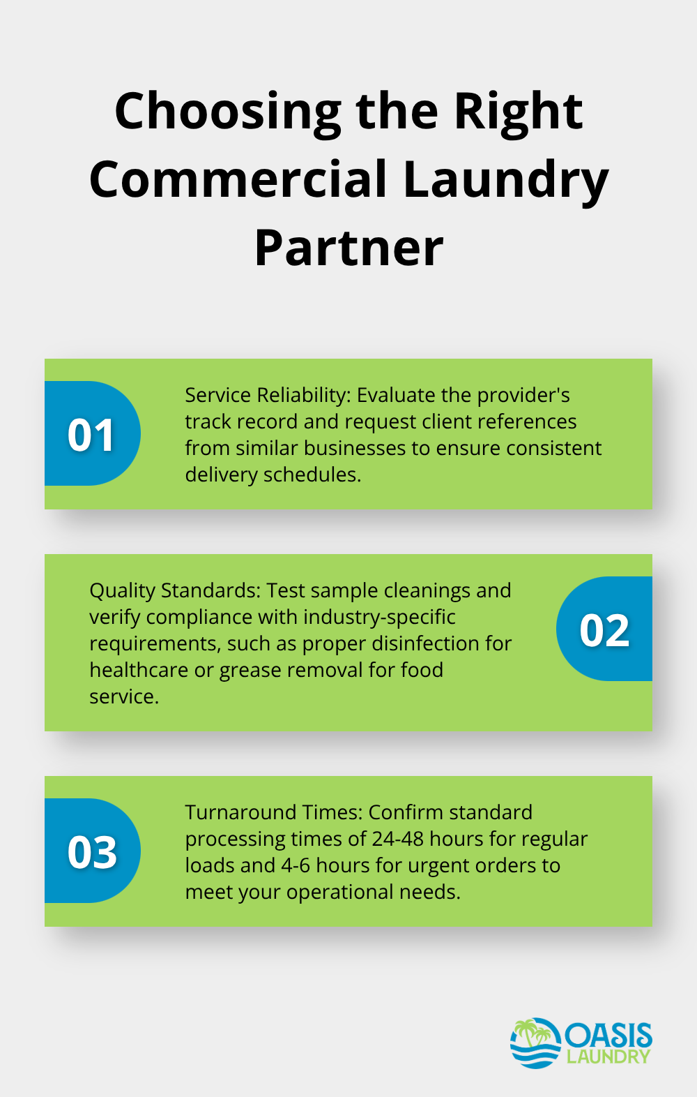 Ordered list chart showing three key factors in selecting a commercial laundry partner: service reliability, quality standards, and turnaround times
