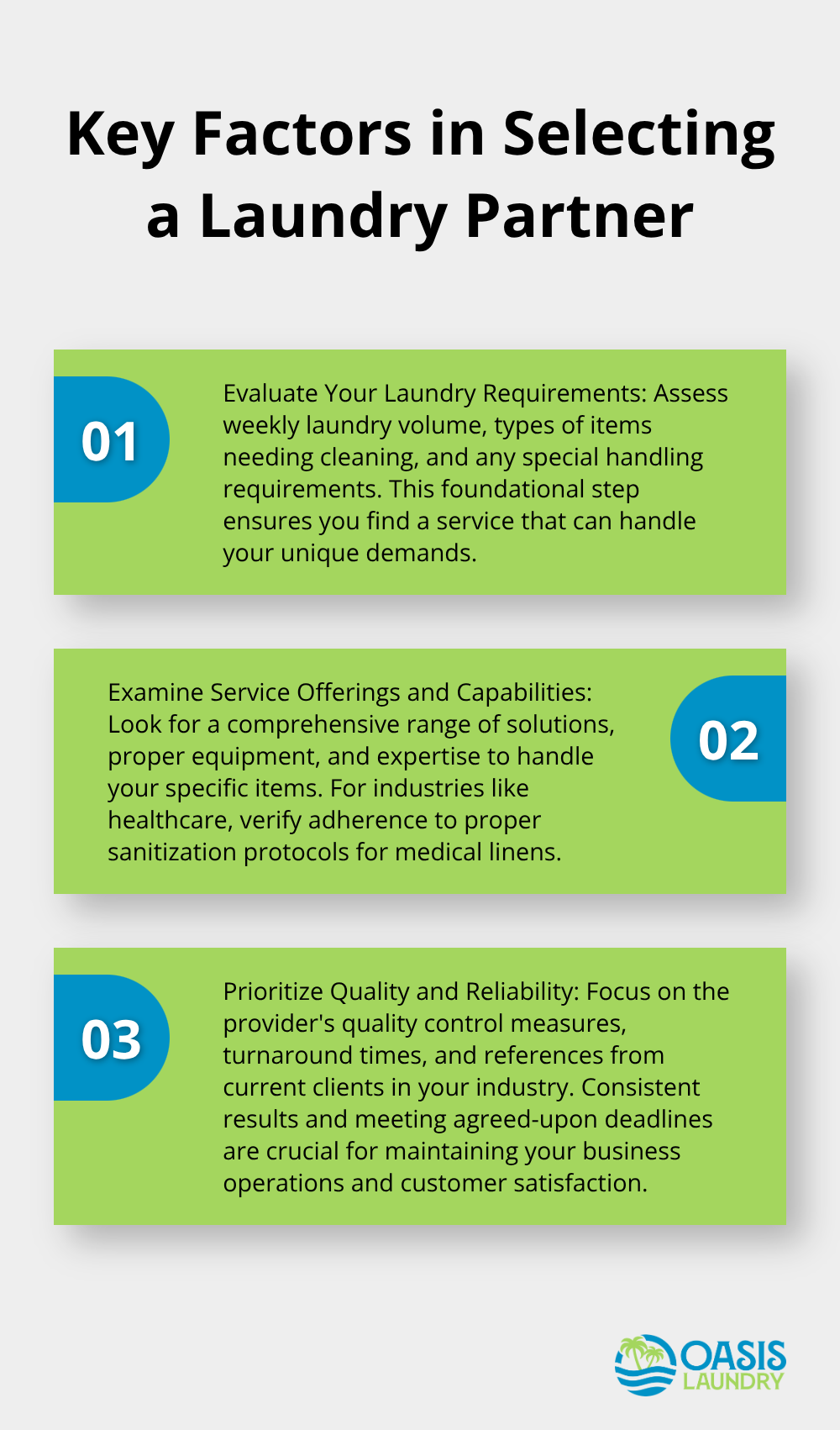 Ordered list chart presenting three crucial factors to consider when choosing a commercial laundry partner: evaluating laundry requirements, examining service capabilities, and prioritizing quality and reliability. - Commercial solutions