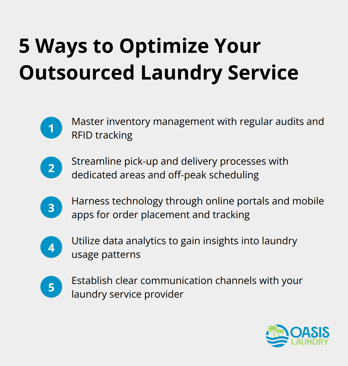Compact ordered list chart presenting five strategies to optimize outsourced laundry services: inventory management, streamlined pick-up and delivery, technology integration, data analytics, and communication.