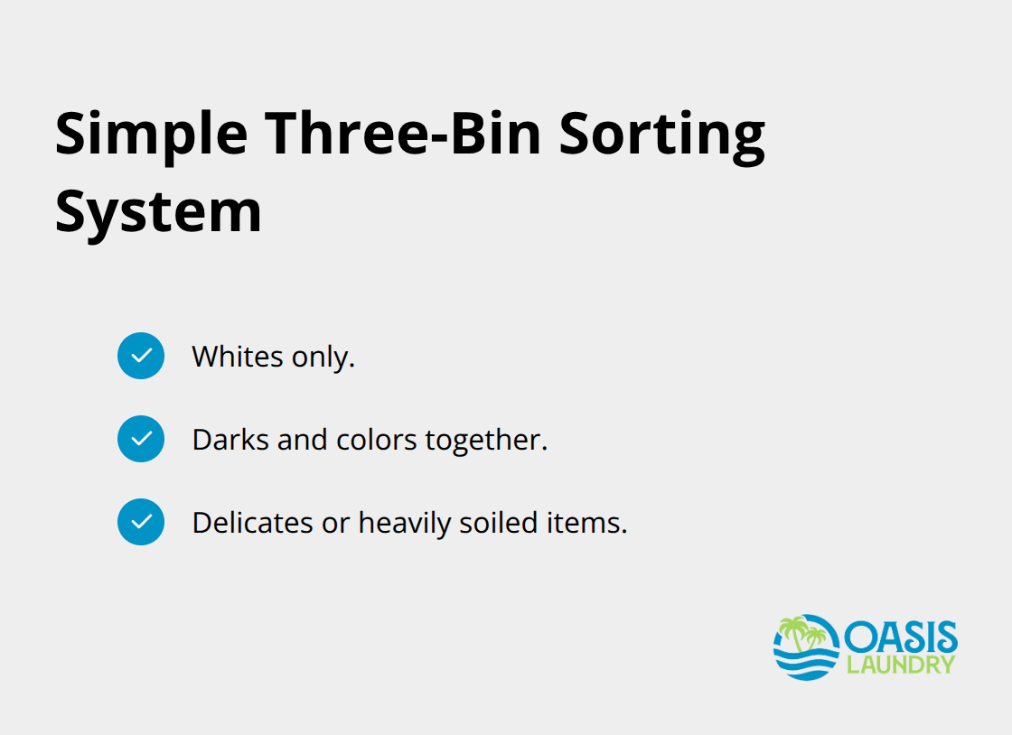 Three labeled laundry bins that streamline sorting and speed up laundry batching - home laundry batching tips