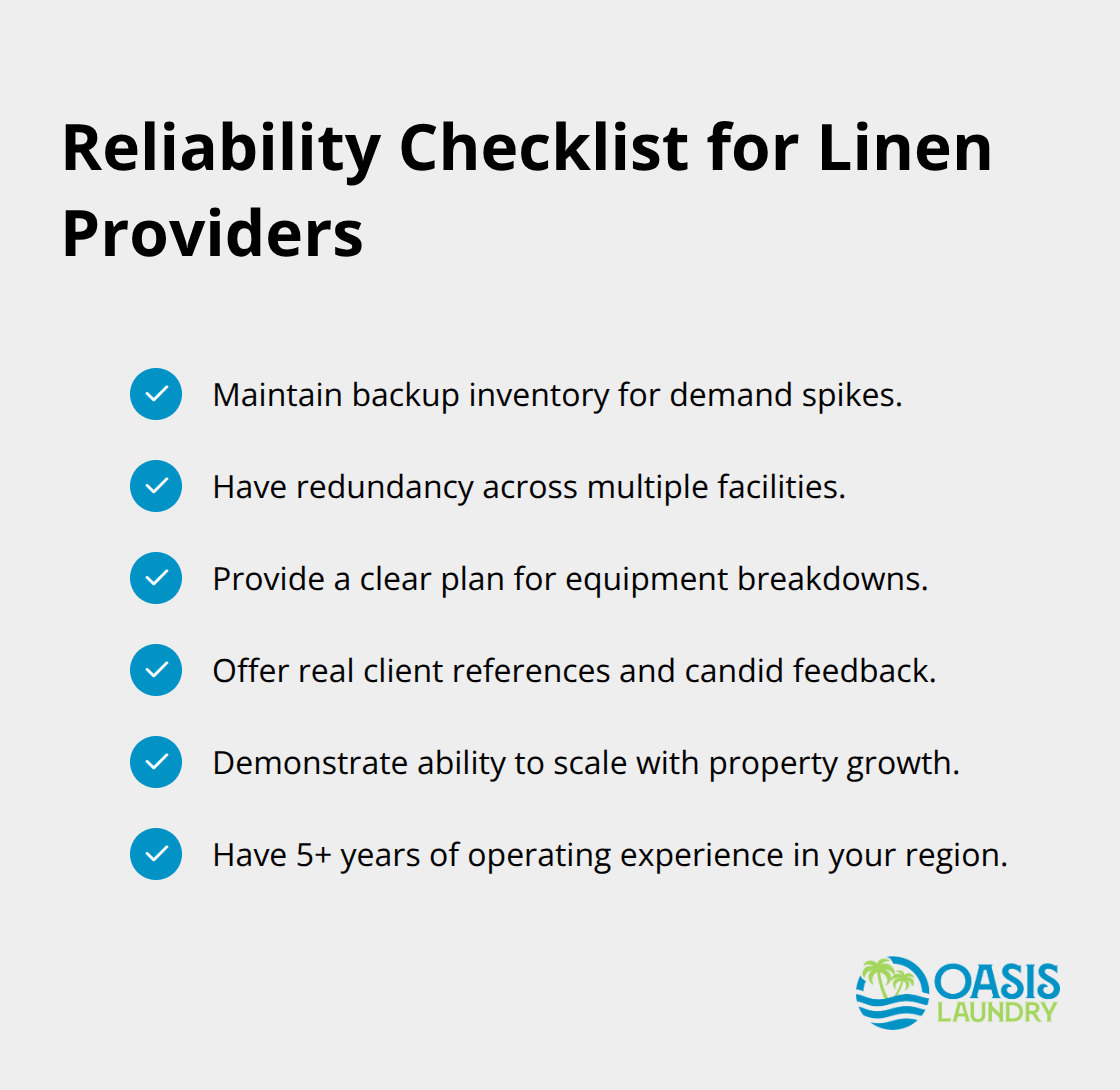 Checklist of reliability factors to vet a linen service provider.
