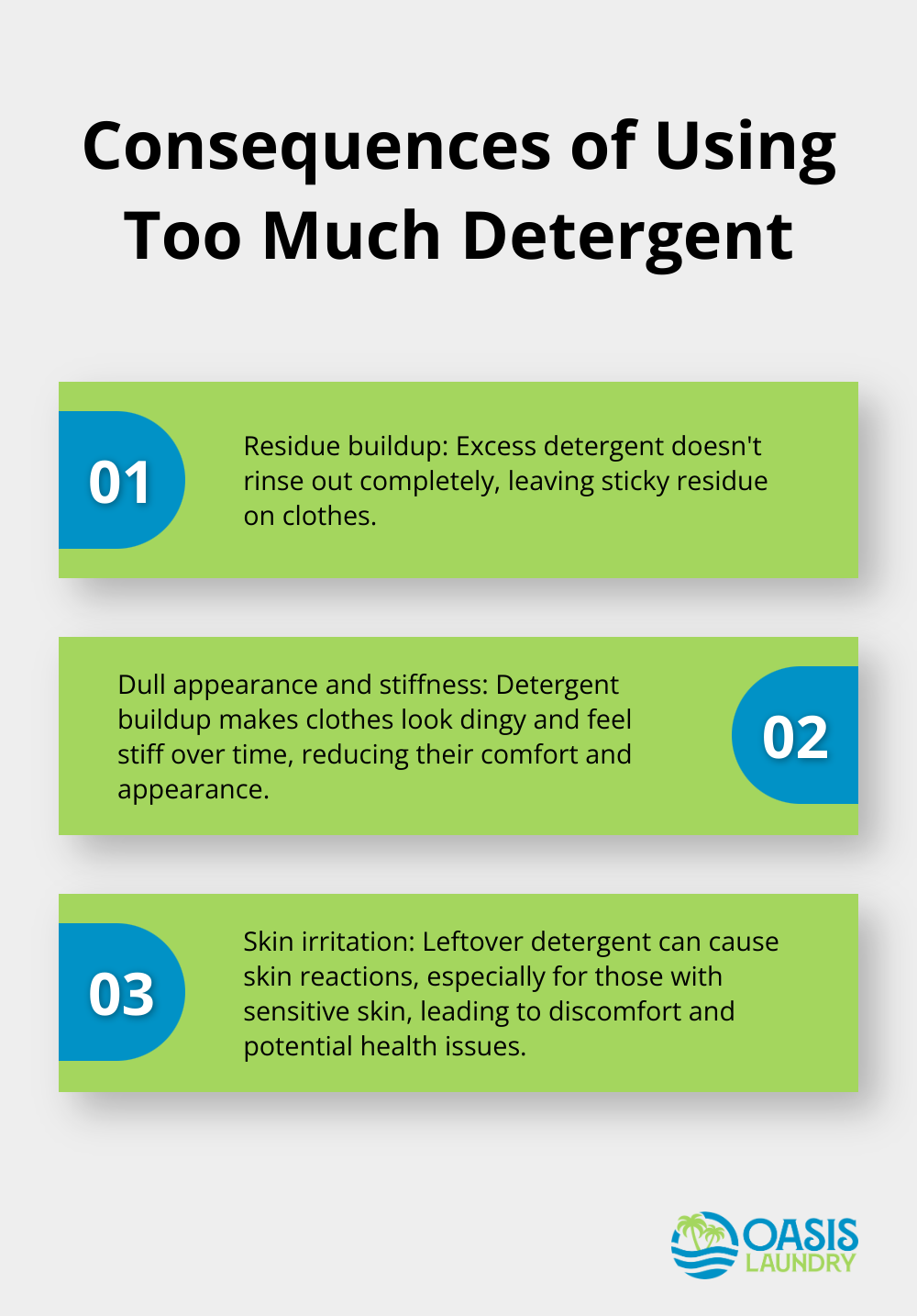 Ordered list showing four negative effects of detergent overuse: residue buildup, dull appearance, skin irritation, and machine damage - Laundry folklore