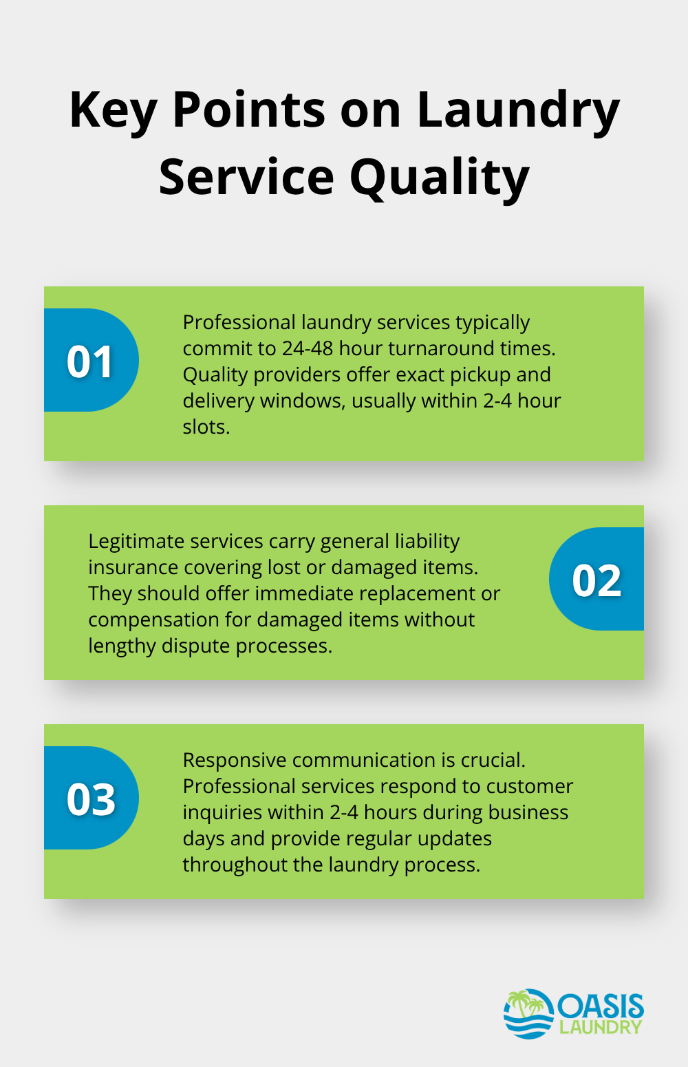 Ordered list chart highlighting important aspects of laundry service quality, including turnaround times, insurance, and communication - laundry service pickup and drop off