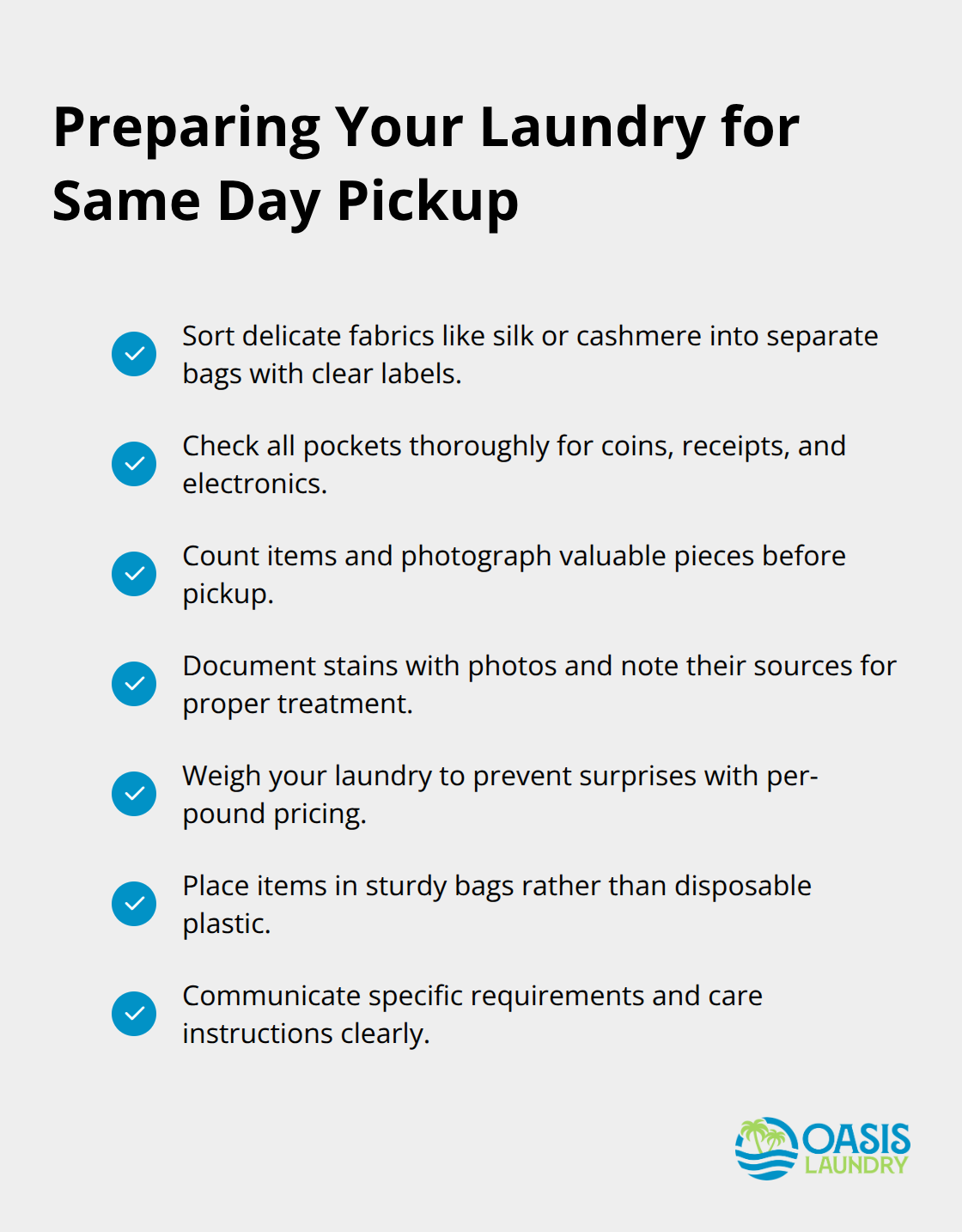Checklist of steps to prepare laundry for same-day pickup service, including sorting, checking pockets, and communicating requirements - same day laundry pickup
