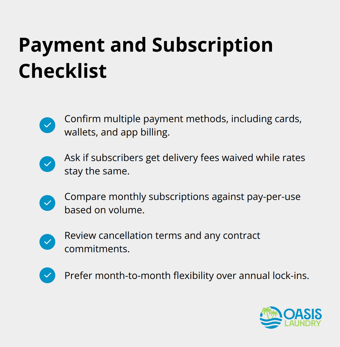 Checklist of payment methods and subscription considerations for U.S. laundry services - wash and fold laundry pickup service