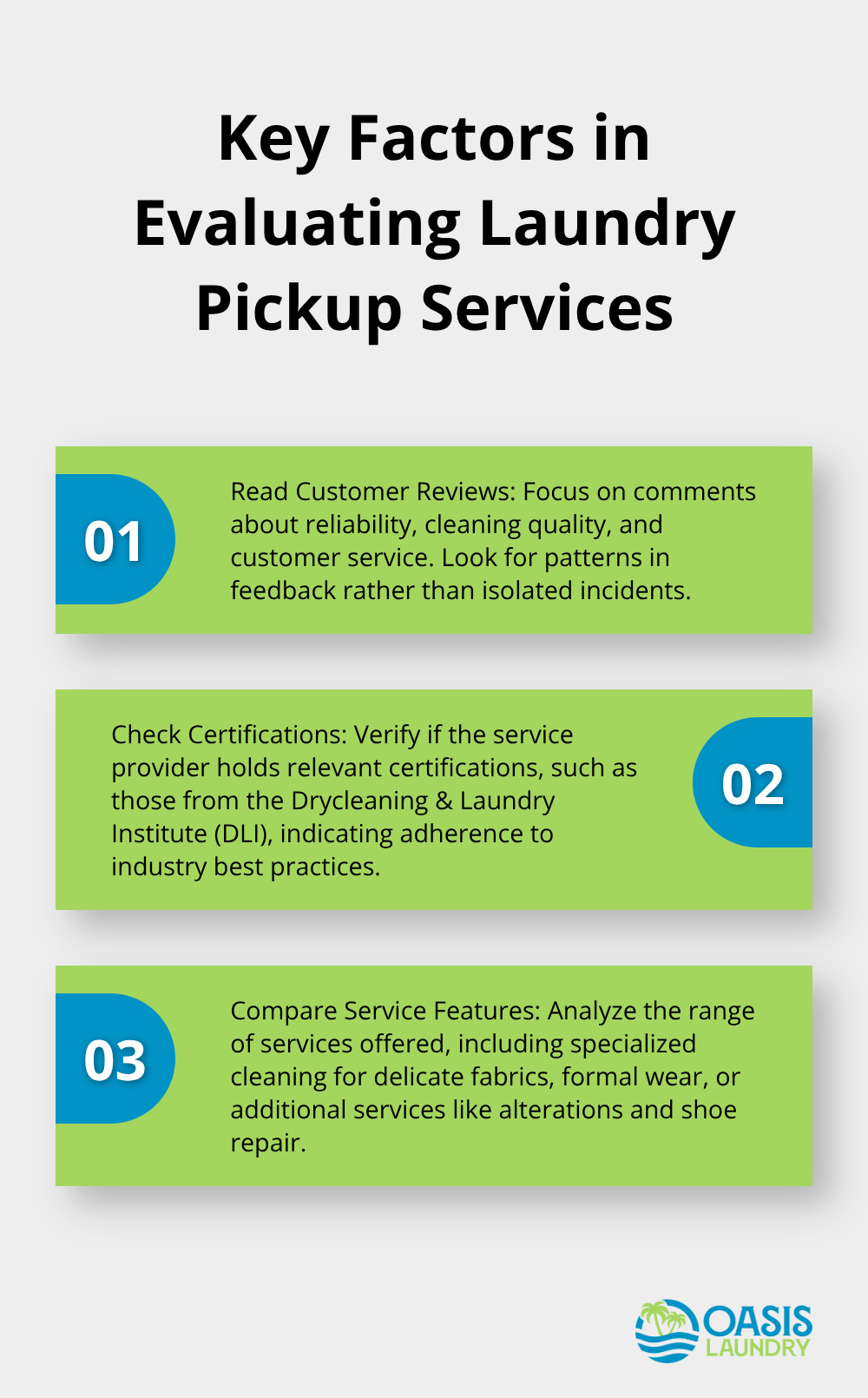 Ordered list chart showing three key factors to consider when evaluating laundry pickup services: Customer Reviews, Certifications, and Service Features - laundry and dry cleaning pickup and delivery