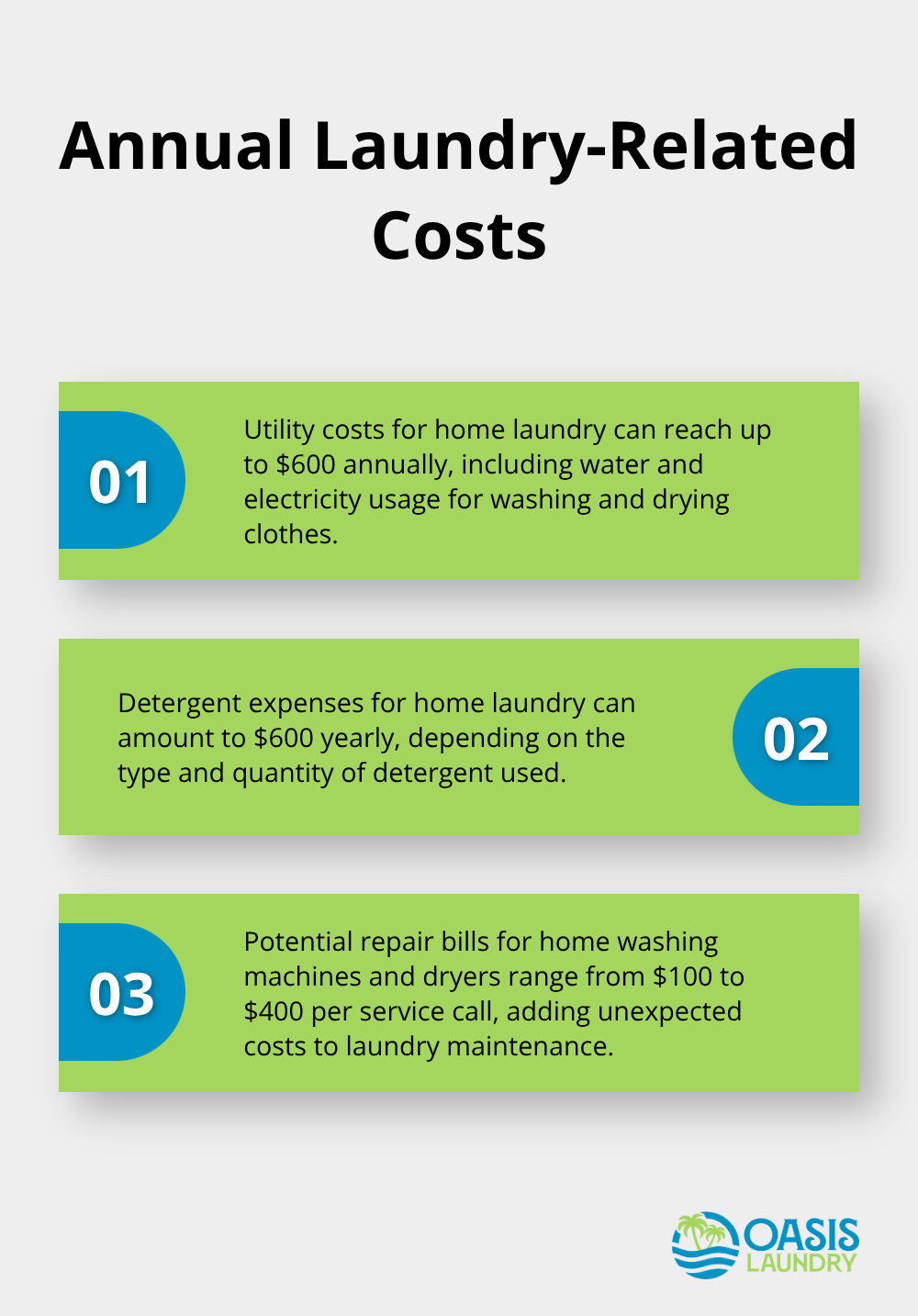 Ordered list chart showing annual laundry-related costs: utility costs, detergent expenses, and potential repair bills