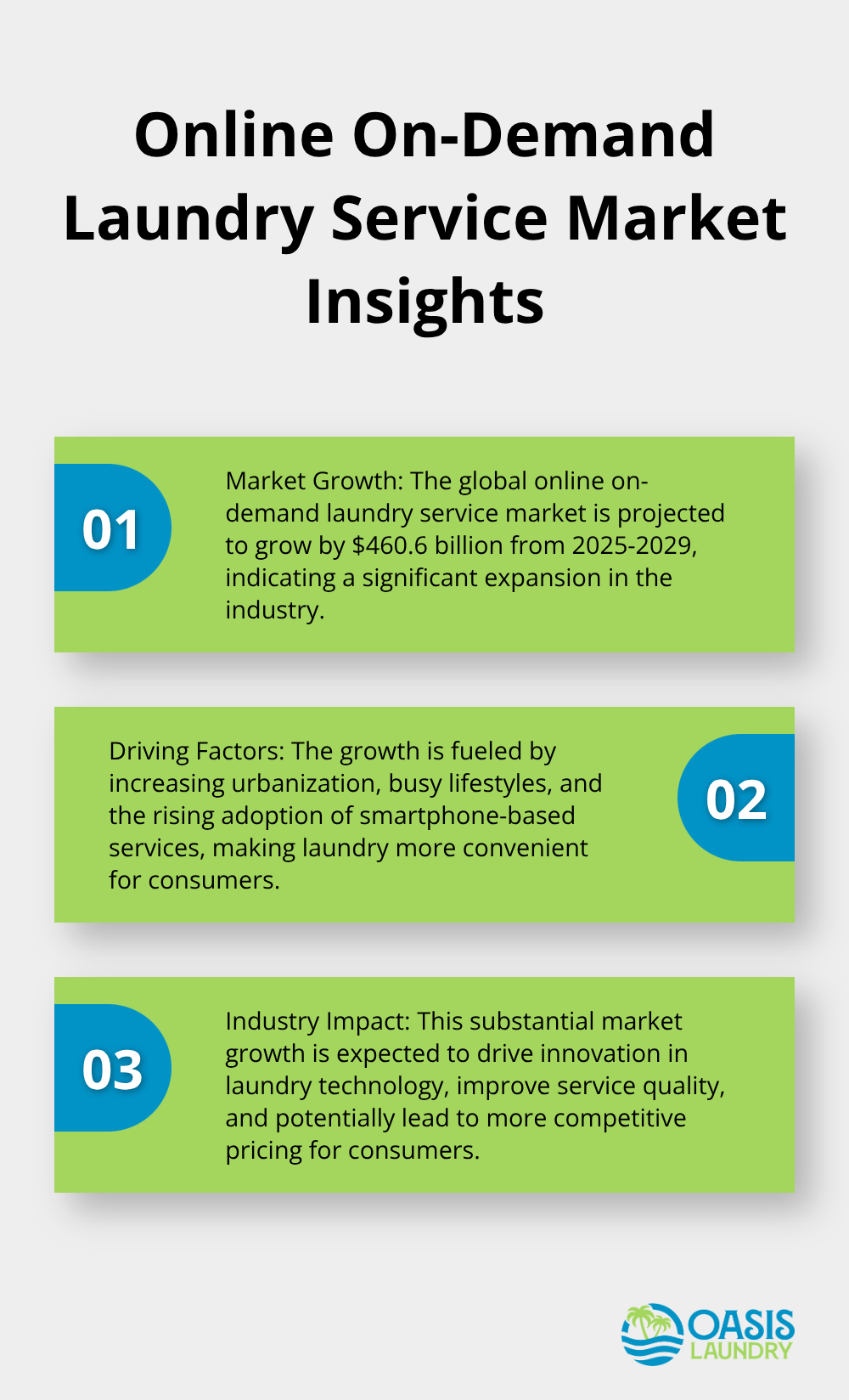Ordered list chart showing key insights about the online on-demand laundry service market growth and trends