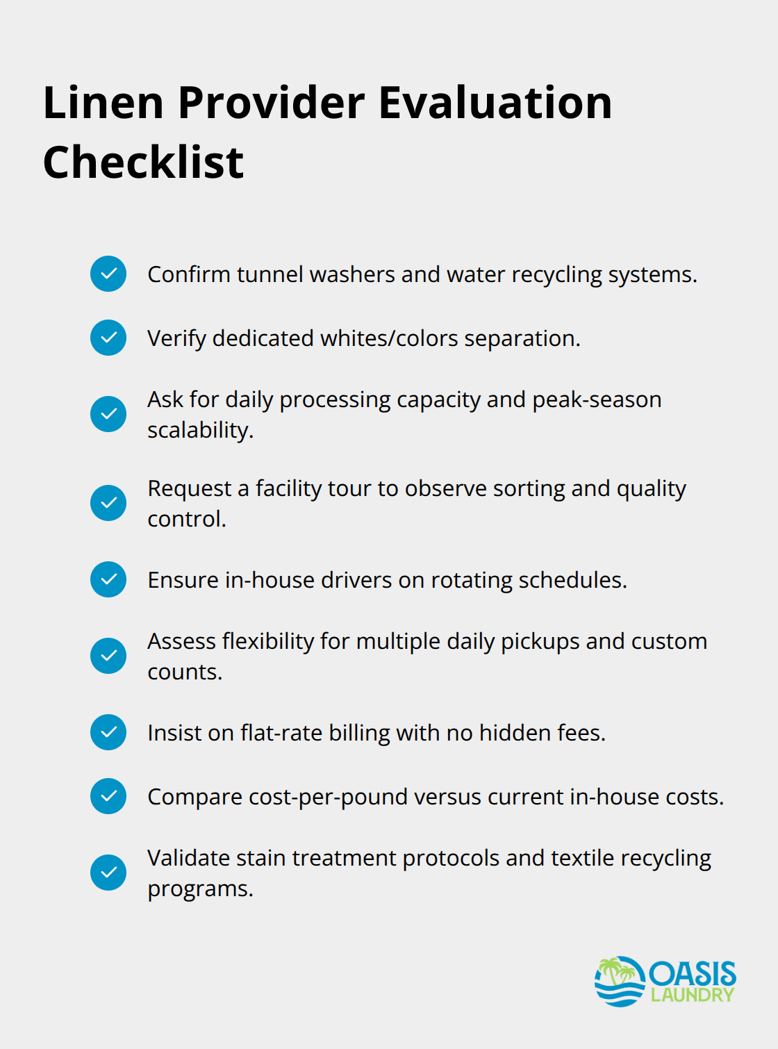 Checklist of criteria U.S. hotels should verify when selecting a professional linen service provider. - Linen service for hotels