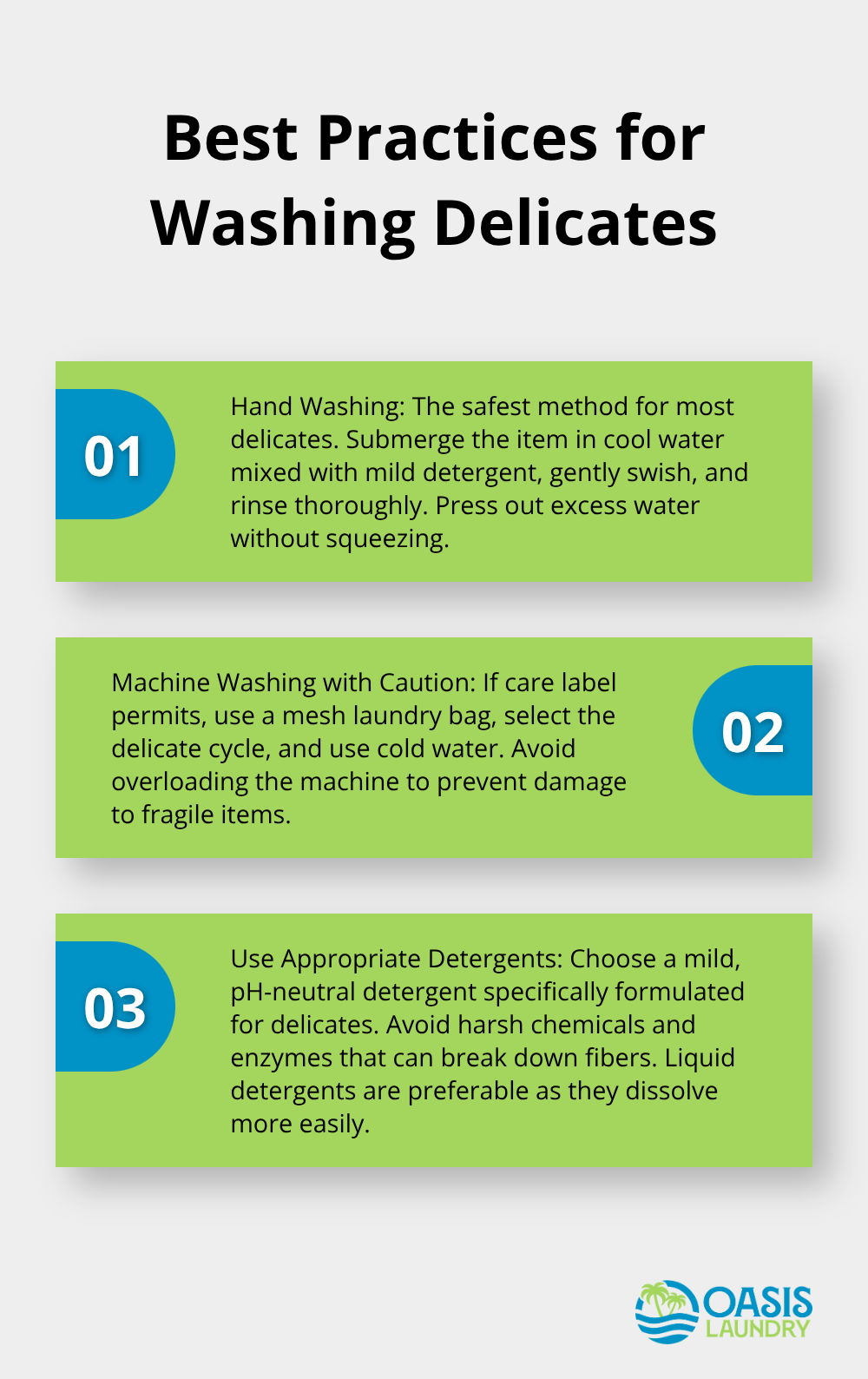 Ordered list chart showing three best practices for washing delicate garments: hand washing, machine washing with caution, and using appropriate detergents. - Specialty cleaning