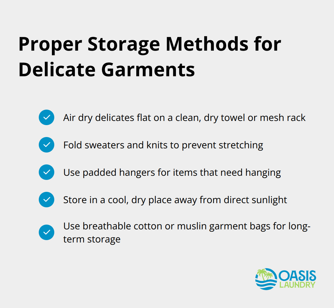 Checkmark list chart showing five proper storage methods for delicate garments: air drying, folding techniques, using padded hangers, storing in cool and dry places, and using breathable garment bags.