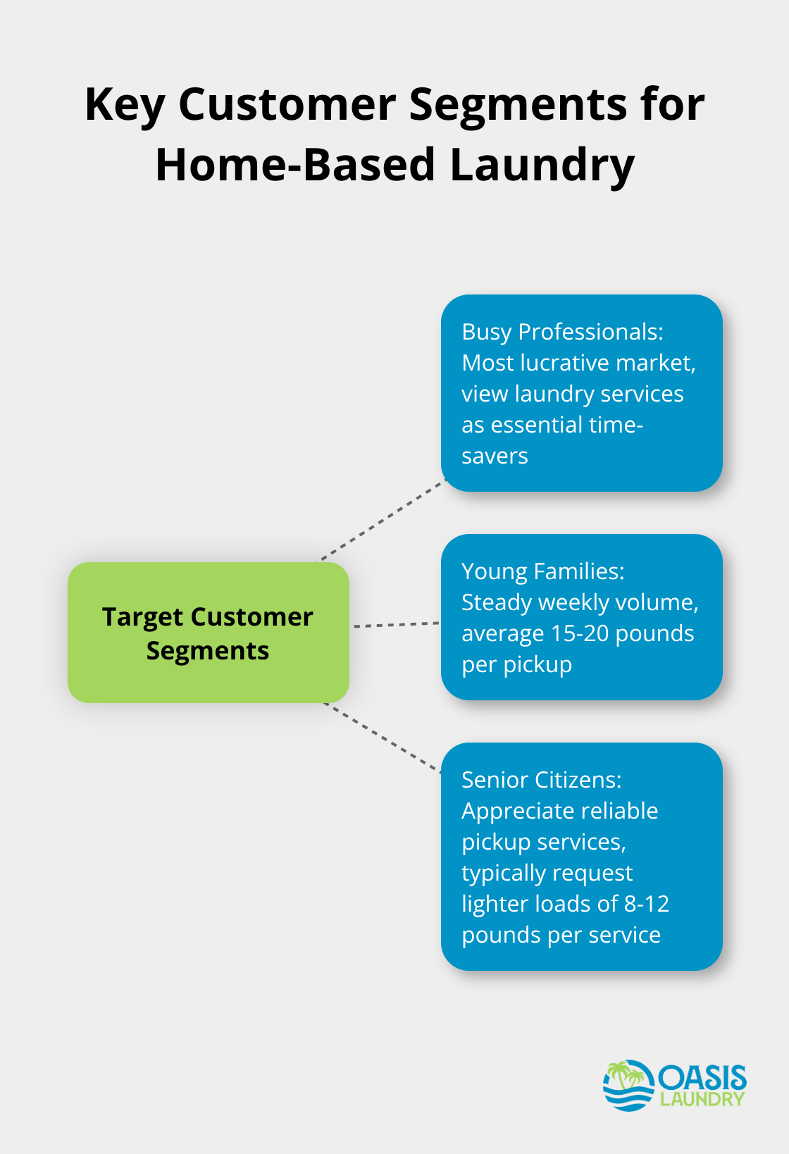 Hub and spoke chart showing the three main customer segments for a home-based wash and fold business