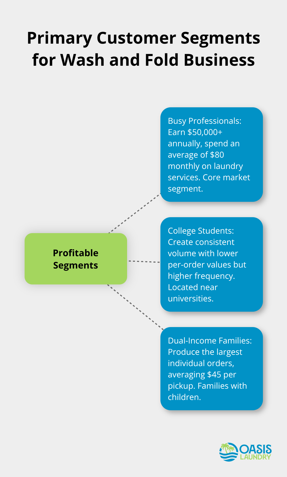 Hub and spoke chart showing three primary customer segments: busy professionals, college students, and dual-income families with children - wash and fold business