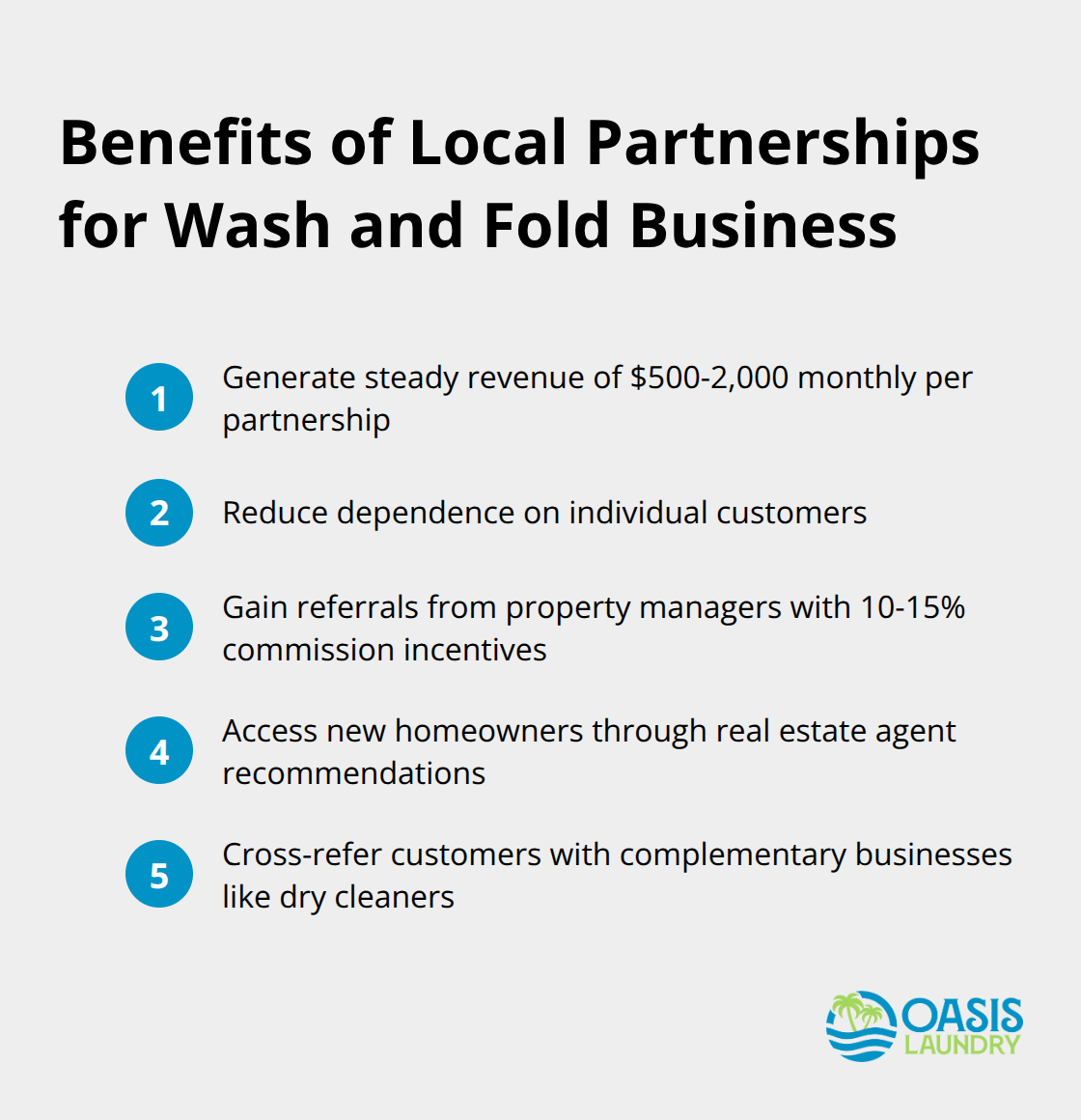 Ordered list chart showing five benefits of local partnerships for wash and fold businesses