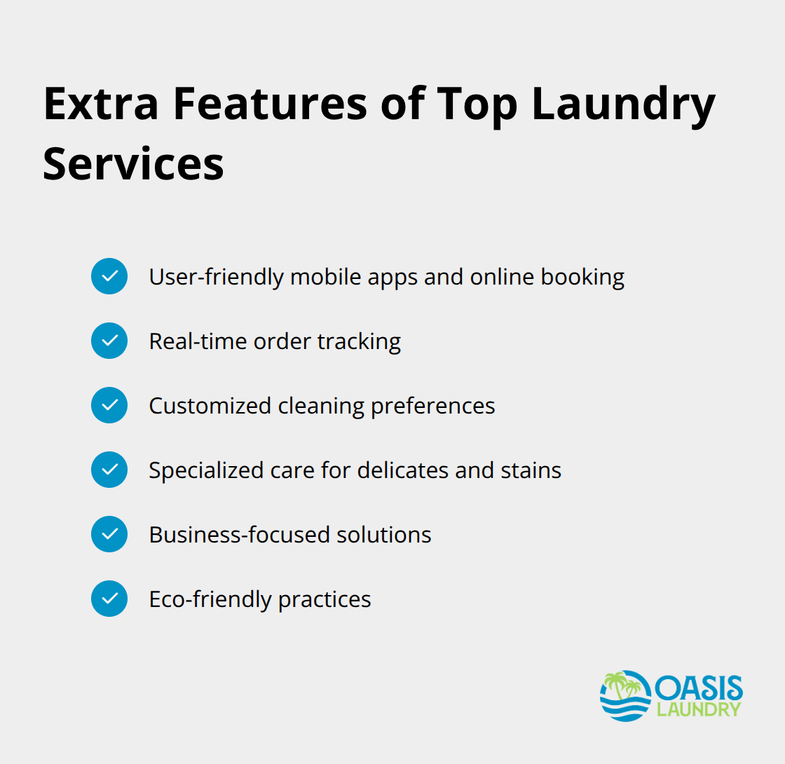 Checkmark list of extra features offered by top laundry services: User-friendly mobile apps and online booking, Real-time order tracking, Customized cleaning preferences, Specialized care for delicates and stains, Business-focused solutions, and Eco-friendly practices. - wash and fold laundry pickup service