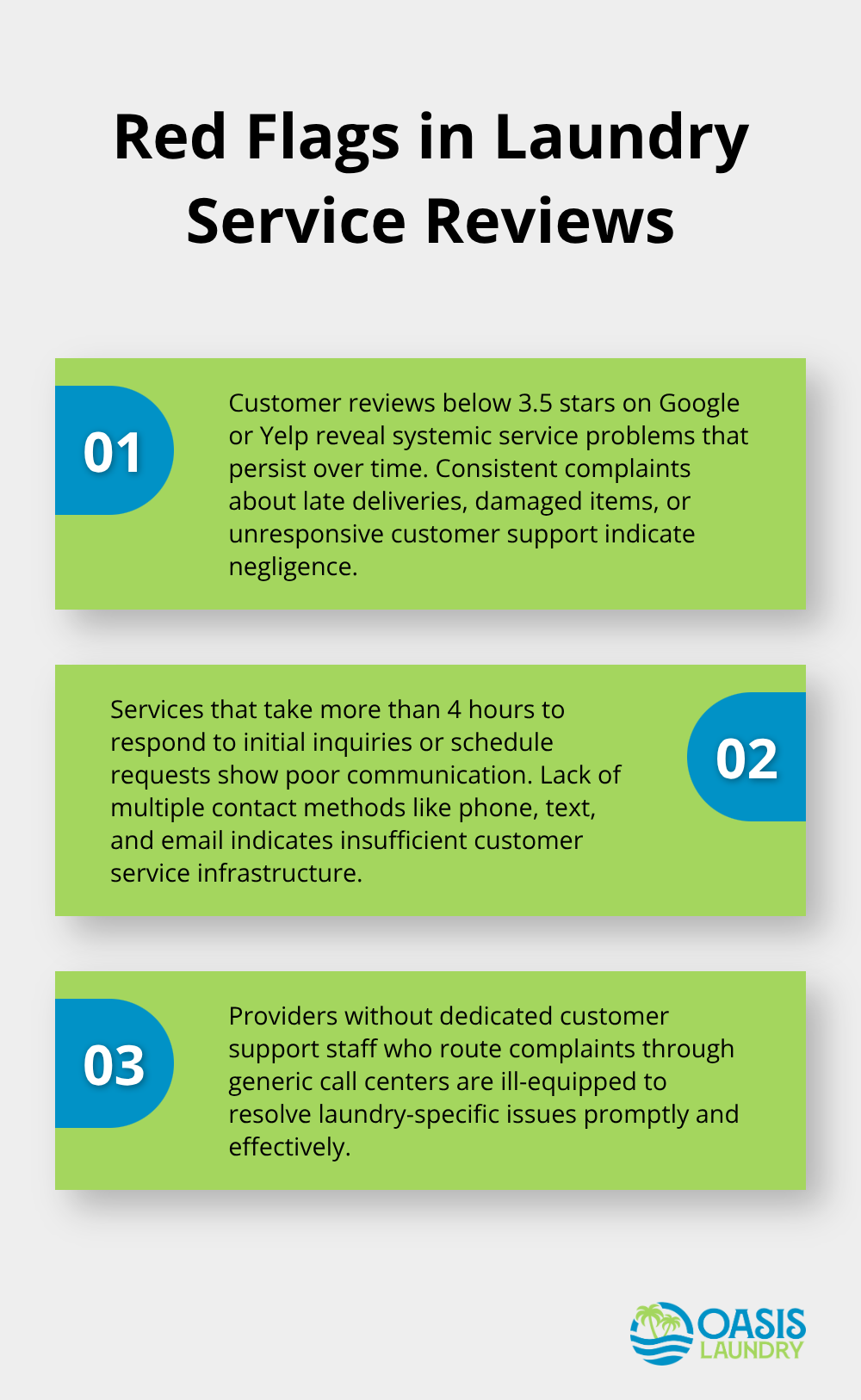 Ordered list chart presenting three red flags in customer reviews and communication for laundry services - wash dry and fold laundry service
